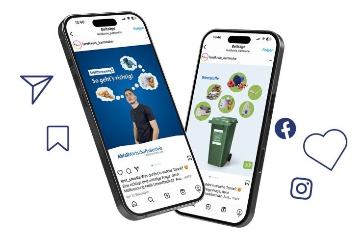 Social Media zwei iPhones zeige Socialmedia Postings des Abfallwirtschaftsbetrieb des Landkreis Karlsruhe.