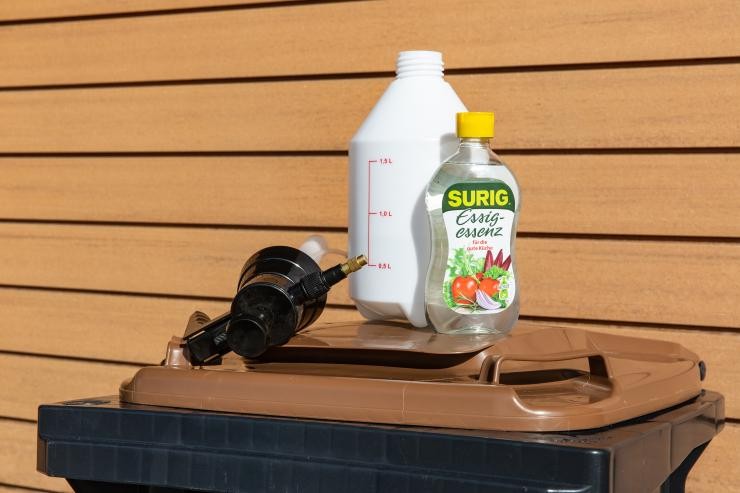 Eine Flasche Essigessenz und eine Drucksprühflasche stehen auf einer Mülltonne. I Reinigung des Biotonnen-Rands mit einer Essiglösung in einer Sprühflasche.