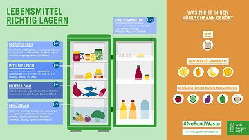 Eine grafische Darstellung eines Kühlschranks, in jedem Fach des Kühlschranks sind spezifische Lebensmittel gelagert. Oben links steht in großer Schrift "Lebensmittel richtig lagern"